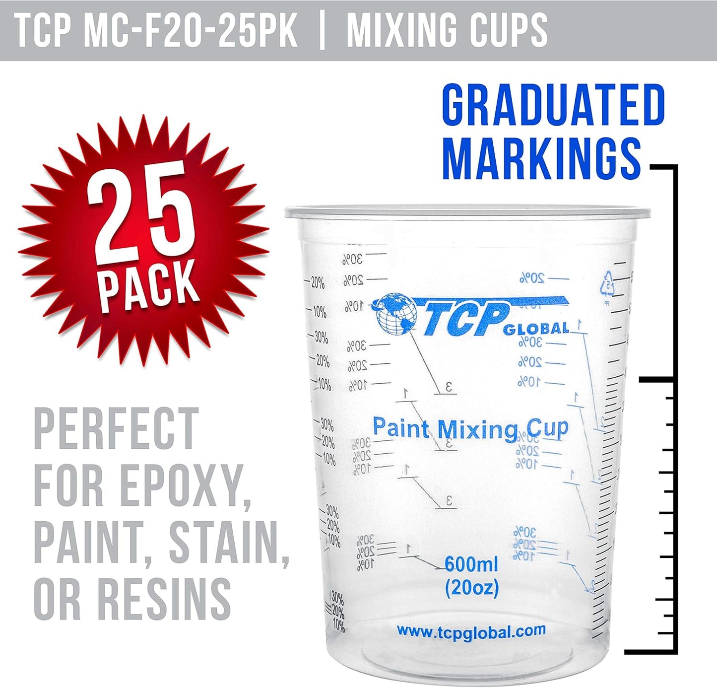 TCP Global 20 oz. (600ml) Graduated Plastic Mixing Cups - Box of 25 with 25 Mixing Sticks - Disposable Plastic Measuring Cups for Liquids, Paints, Resin, Epoxy, Art, Kitchen - Ratios 2-1, 3-1, 4-1 ML