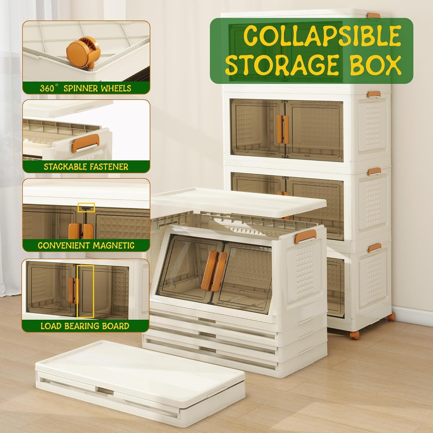 4 Tier Extra Large Stackable Storage Bins with 1 Lid 205 QT/Tier, Collapsible Plastic Box Storage Bin with Wheels, Home Containers Boxes Closet Organizers for Living Room, Office, Dorm