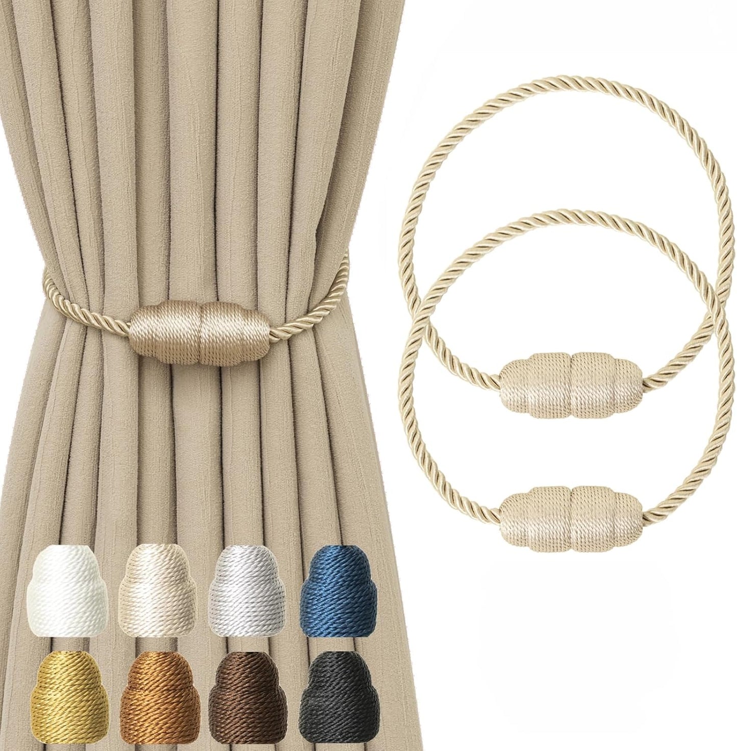 Magnetic Curtain Tiebacks - Rope Tiebacks for Curtains & Drapes, Decorative Window Holdbacks (2 Pack, Beige)