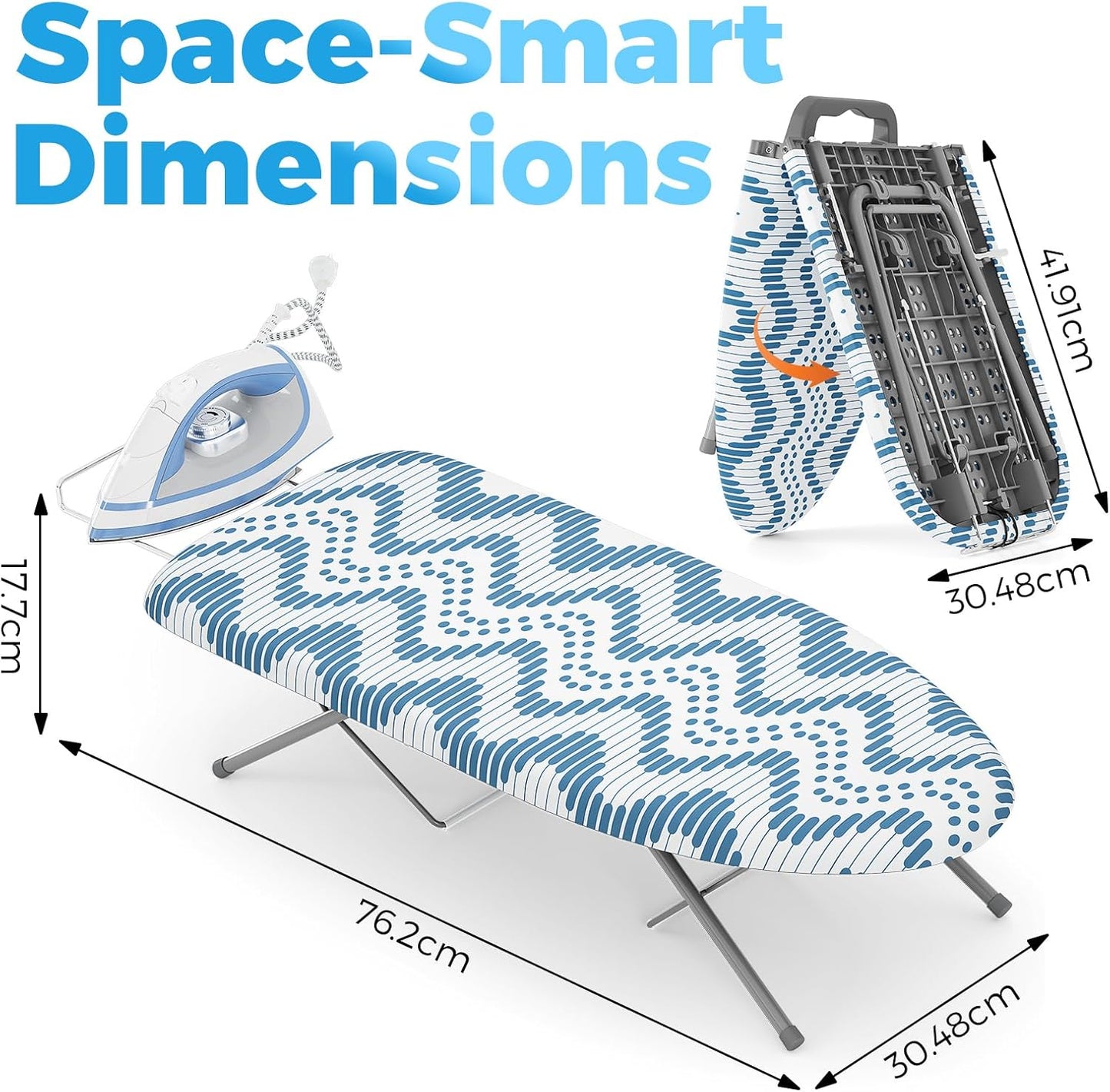 KINGBOARD Tabletop Ironing Board, Small Ironing Boards with Iron Rest, Folding Iron Board, Extra Thick Cover, Portable Tabletop Ironing Board with Non-Slip Feet, 30x12 Blue