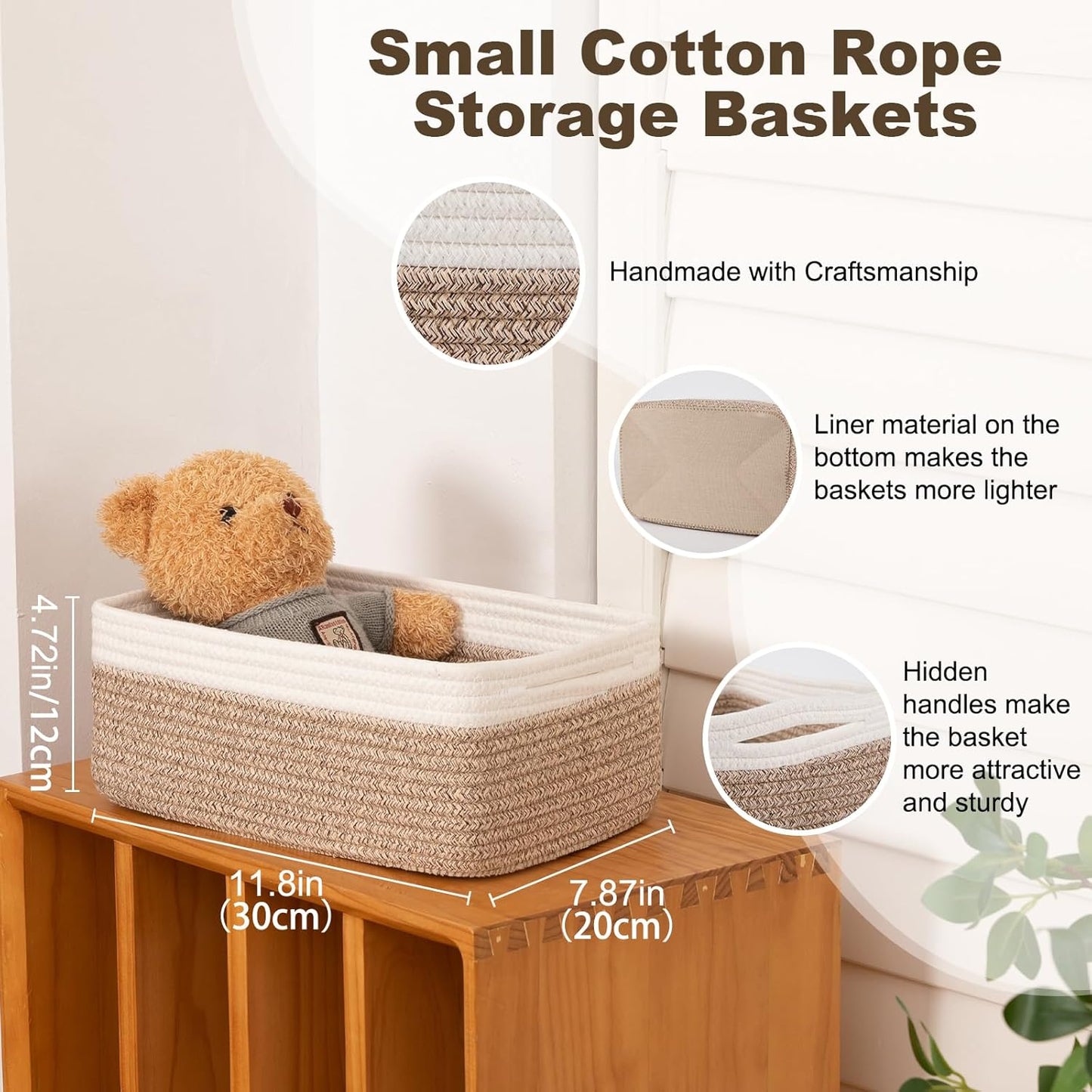 3 Pack Small Storage Baskets for Organizing, Cute Woven Decorative Gift Baskets for Shelves, Mini Closet Organizer Bins with Handles, 11.81''Lx7.87''Wx4.72''H-Brown and White