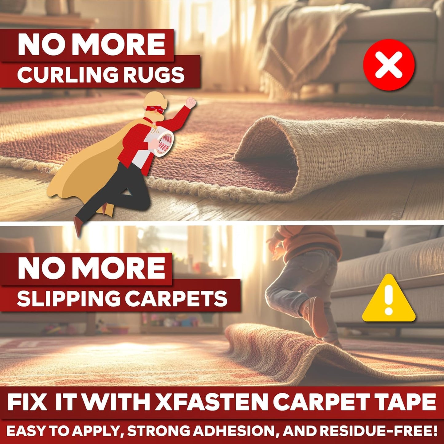 XFasten Double Sided Carpet Tape for Area Rugs, 2 Inch x 60 Yards – Heavy Duty Anti Slip Rug Grip Tape, Works as Rug Gripper, Residue Free, Wood Safe, Easy Removal for Hardwood and Laminated Floors