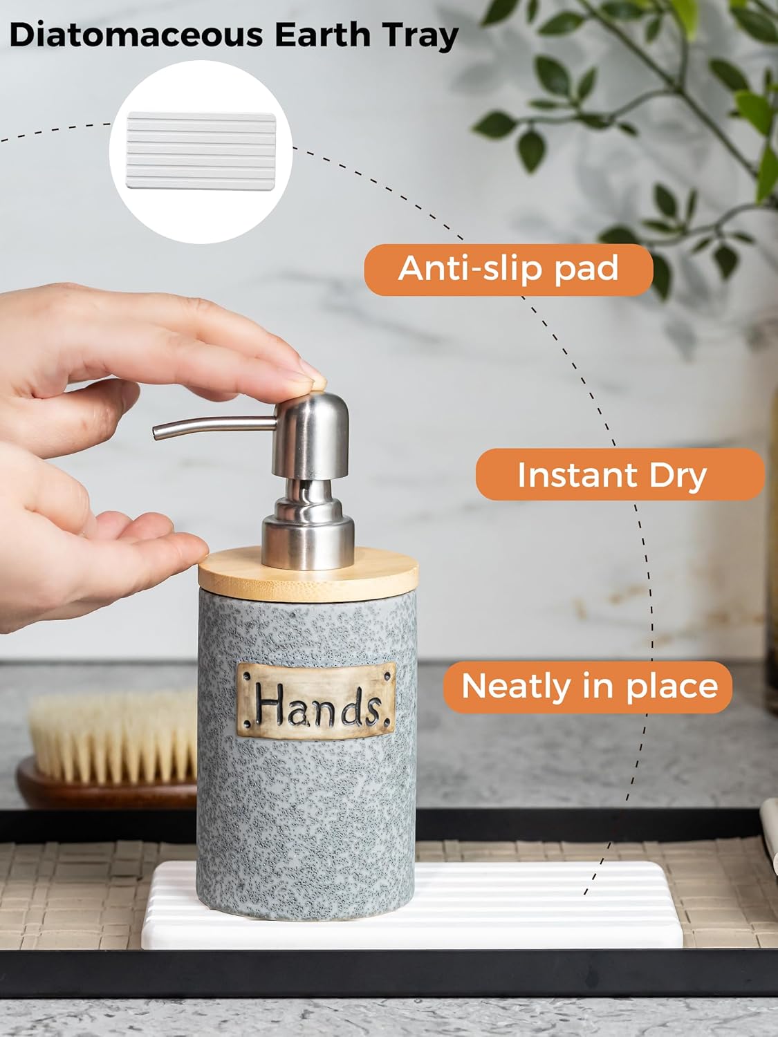 Hand and Dish Soap Dispenser Set, Ceramic Kitchen Soap Dispenser for Bathroom Lotion, Body Wash, Includes Instant Dry Tray, Collapsible Funnel, 15 Oz, Gray