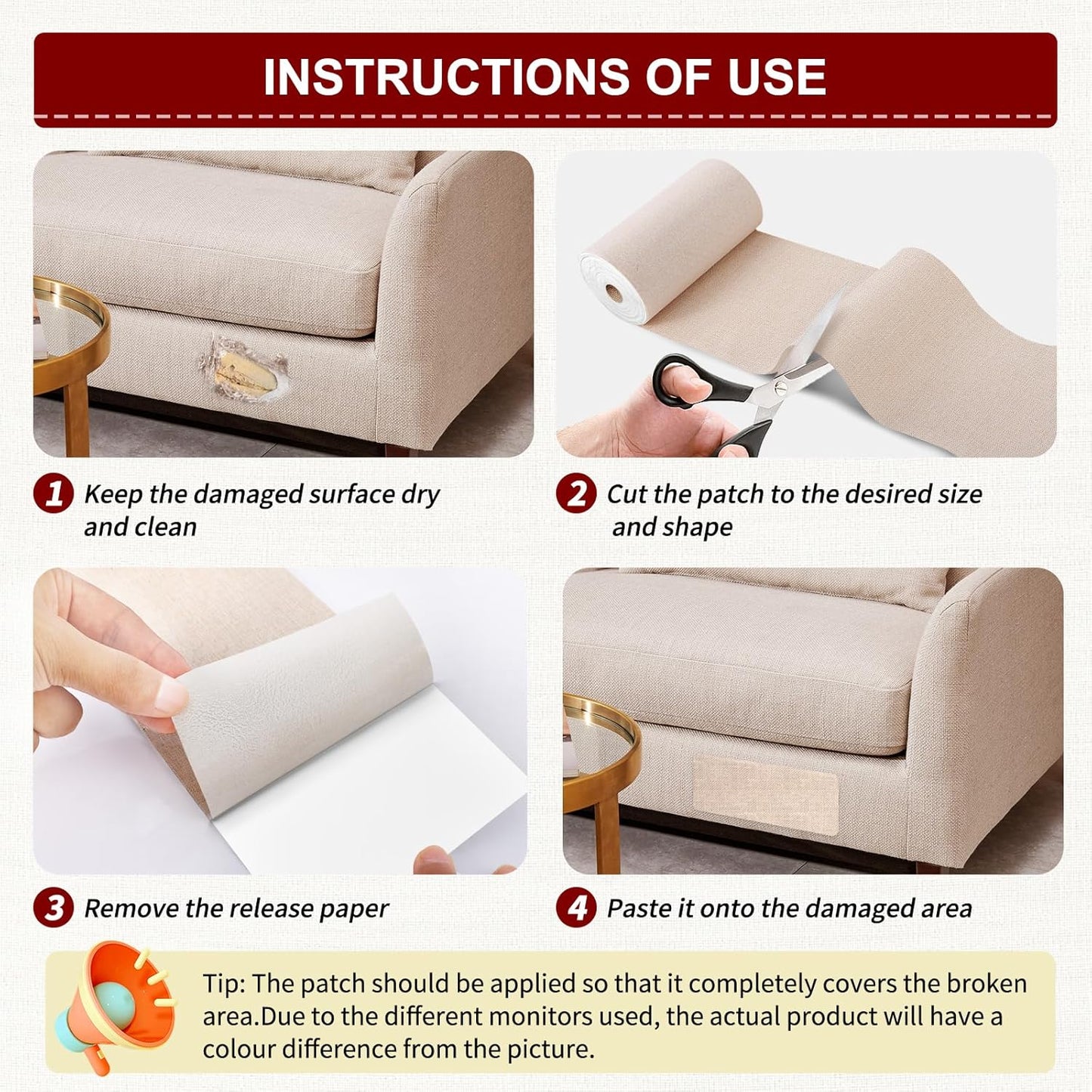 Linen Repair Tape 16x90 inch, Self Adhesive Fabric Patches, Linen Patch Tape Kit, Fabric Repair Tape for Couch Sofas, Headboards, Chairs, Pillows, Curtains, Couches - White