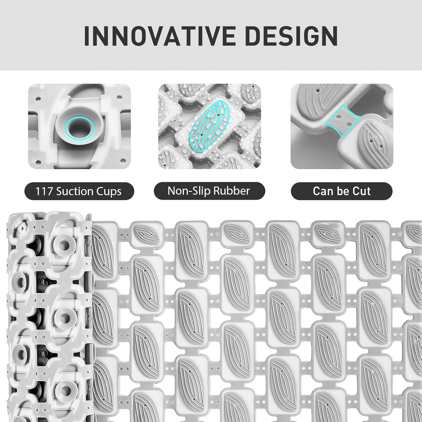 Shower Mat Non Slip Bathtub Mat - 27 x 16 Inch Eco-Friendly Soft Bath Mat for Tub Non Slip Shower Mats for Inside Shower with Suction Cups and Drain Holes, Easy to Clean Quick-Drying, Grey