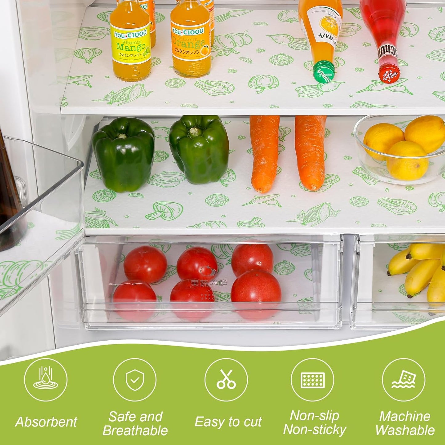 Cooyes Refrigerator Liners 17.7" x 24", 12 Pack, Absorbent Non-Slip Washable Fridge Mats, Shelf Liner for Kitchen Cabinets Non-Adhesive, Green Veggie