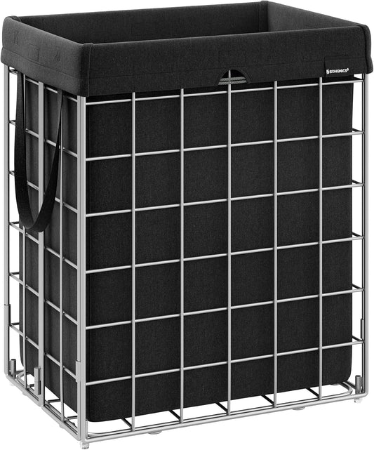 SONGMICS Laundry Hamper, 23.8 Gal. (90L) Laundry Basket, Collapsible Clothes Hamper, Removable and Washable Liner, Metal Wire Frame, for Bedroom Bathroom, Silver and Classic Black ULCB190B01