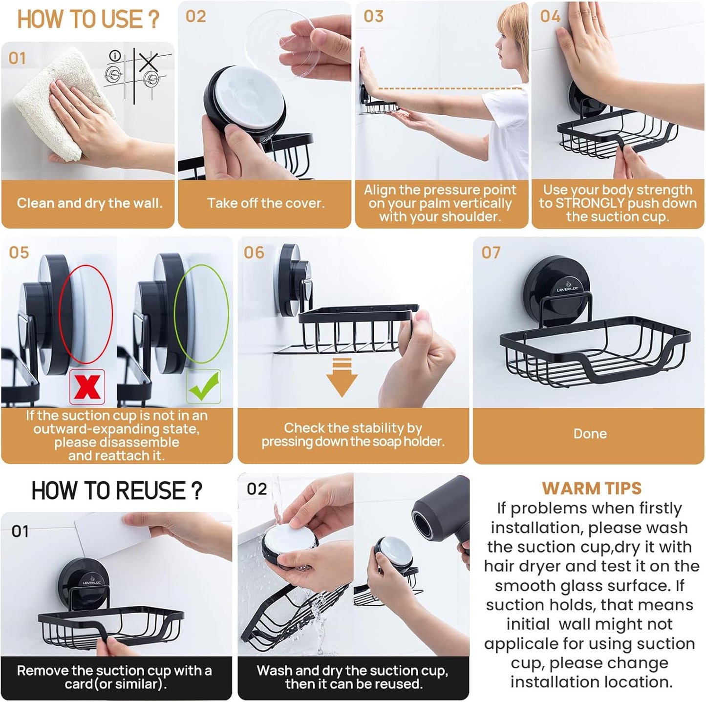 LEVERLOC Soap Dish, Soap Bar Holder for Shower Suction Cup Wall Mounted, Stainless Steel No-Drilling Removable Waterproof Sponge Holder for Bathroom Bathtub Kitchen Sink, Keep Dry, Black