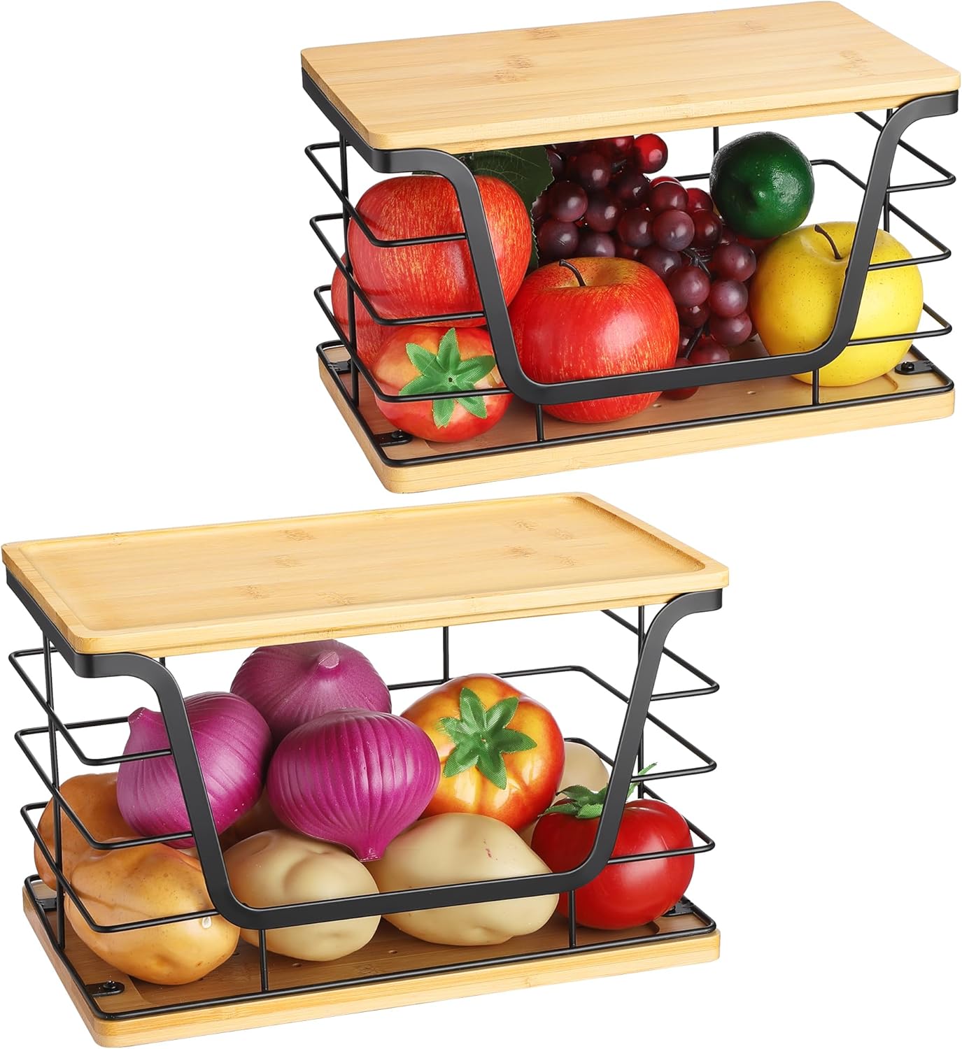 ALOCEO 2 Pack Large Garbage Bag Dispenser for 13/30/33 Gallon Bags, Potato and Onion Storage Baskets with Bamboo Lid, Stainless Steel Stackable Storage Bins for Kitchen Laundry Pantry Room