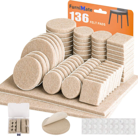 Felt Furniture Pads-136 Pieces Felt Pads for Furniture Beige 5mm Thick, Floor Savers for Furniture Anti Scratch, Best Floor Protectors with Case for Hardwood Floors