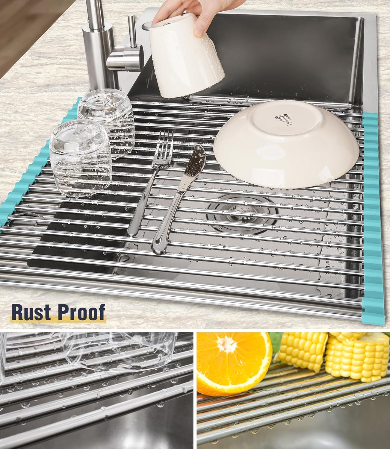 Tomorotec 21" x 15.5" Roll Up Dish Drying Rack Over Sink Drying Rack Sink Cover Kitchen Sink Accessories Gadget Multipurpose Organizer Foldable Stainless Steel Drainer