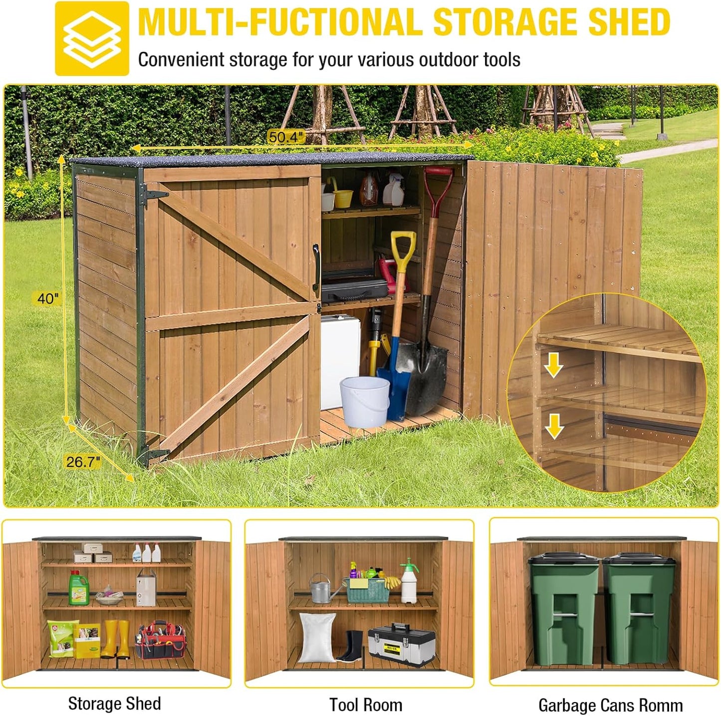 Aivituvin Outdoor Storage Cabinet Trash Can Storage Shed Upgraded with Metal Frame for Garbage Can, Gardening Tools and Accessories 50" L x 27.6" D x 41" H