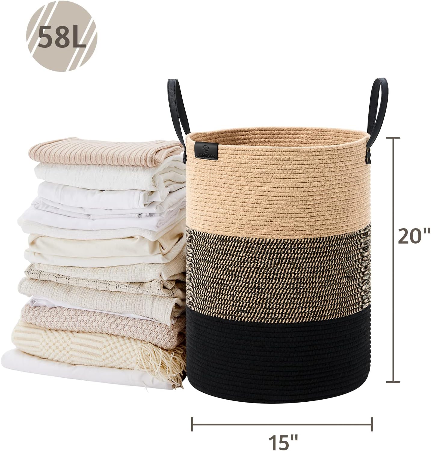 VIPOSCO Tall Laundry Basket, Large Dirty Clothes Hamper with Leather Handle, Woven Rope Storage Basket for Blanket, Toy In Living Room, Bathroom, Bedroom - 58L Brown & Black