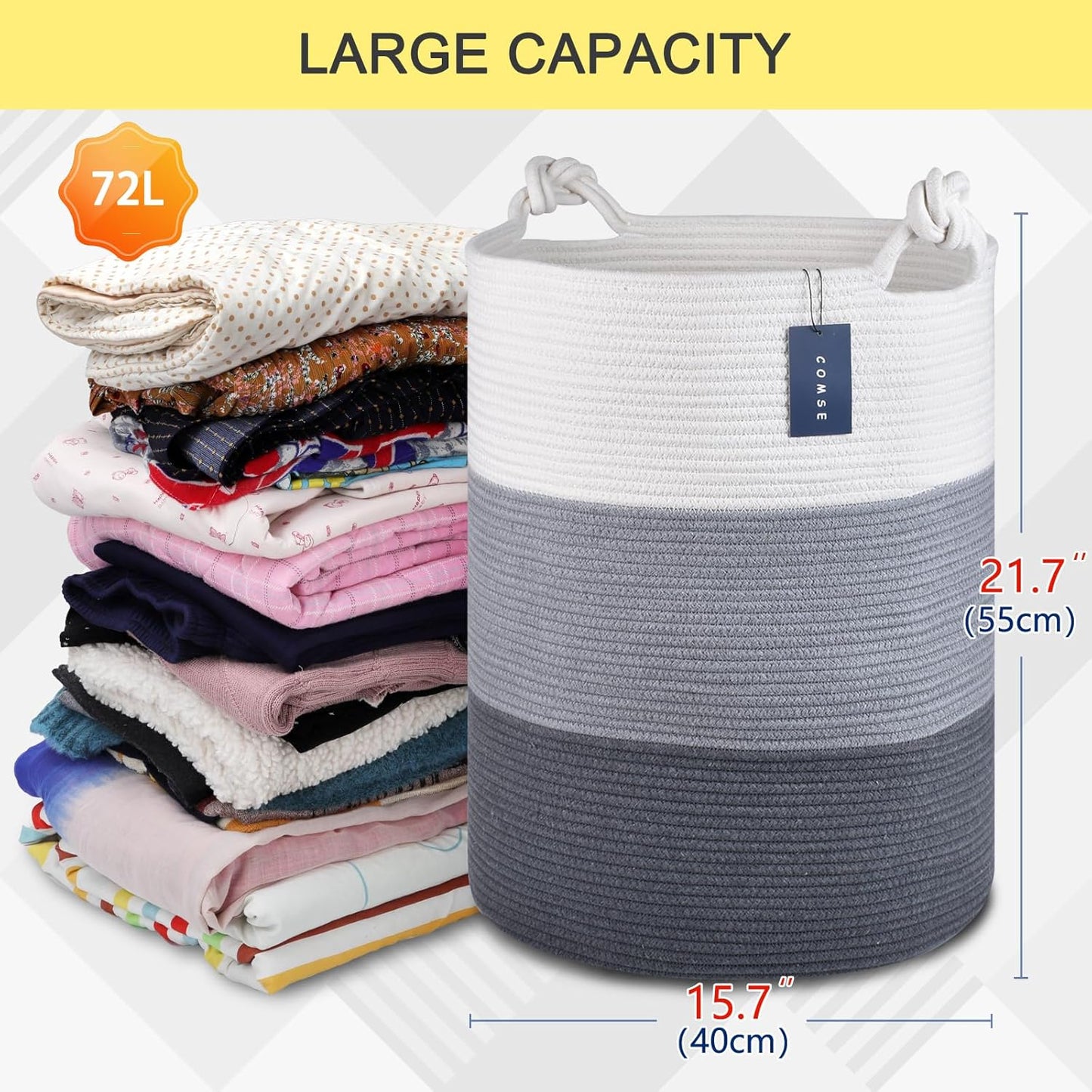 COMSE Laundry Hamper, Extra Large 15.7"x 21.7", Cotton Rope Basket, Portable, White & Light Gray & Dark Gray