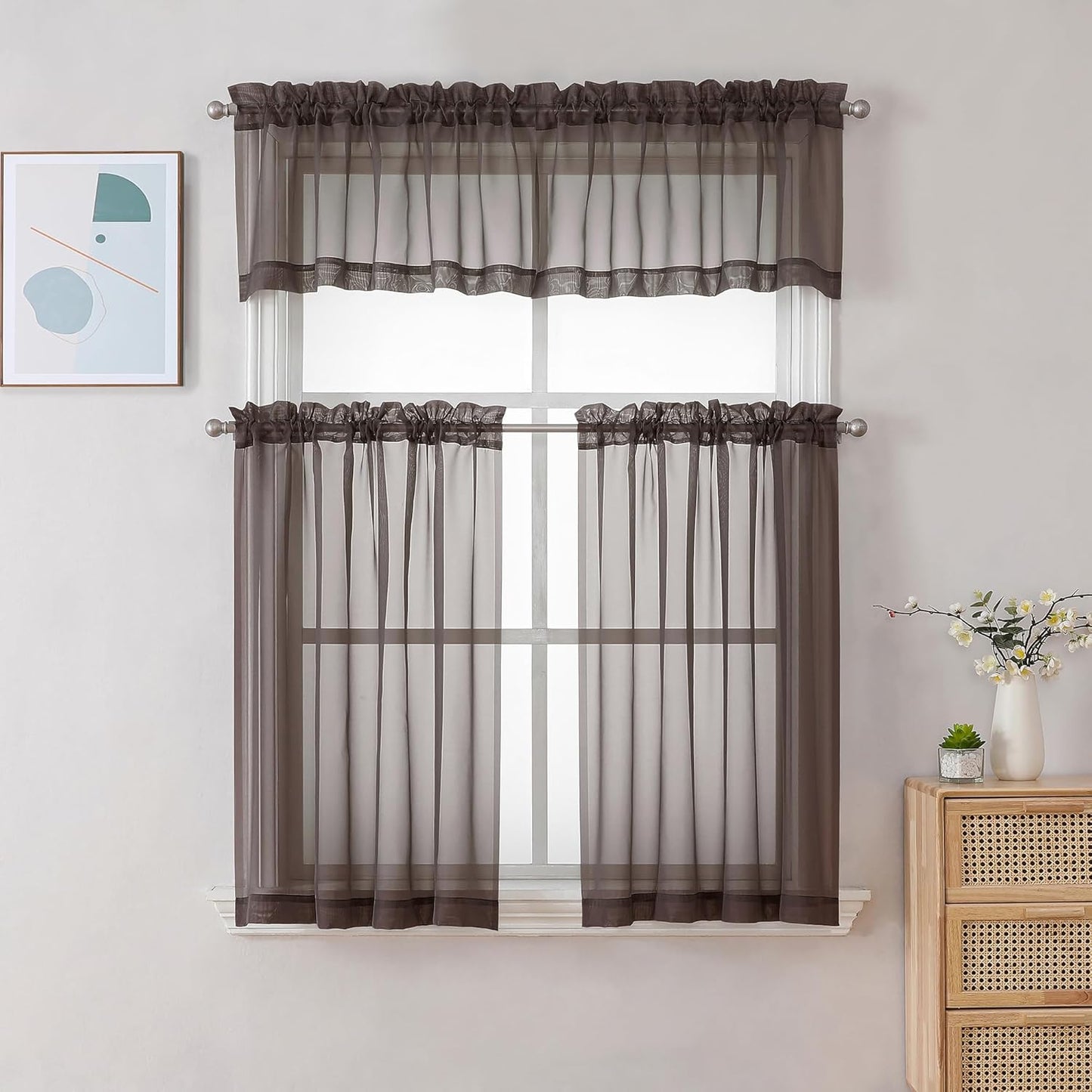 Chyhomenyc Chocolate Brown Sheer Curtains 30 inch Length 2 Panels, Light Filtering Voile Rod Pocket Short Window Curtians for Bathroom Living Room Farmhouse Small Windows, 42Wx30L inches