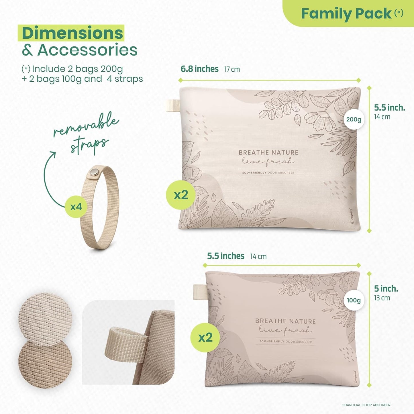 Roonin Activated Charcoal Odor Absorber - Bamboo Charcoal Air Purifying Bag - Activated Charcoal Bags Odor Absorber Packets - Home Deodorizer Odor Eliminator (4-pack)