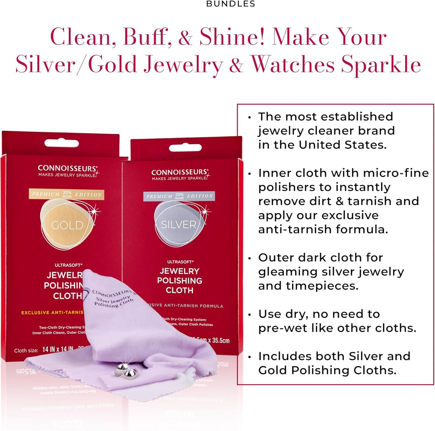 CONNOISSEURS Premium Edition Extra Large Polishing Cloth Bundle for Silver & Gold Jewelry - Ultrasoft Fabric with Anti-Tarnish Formula - (2 Pack) 14x14 Inches