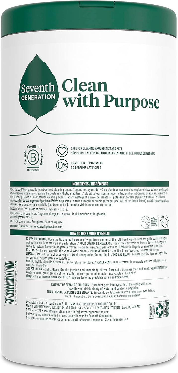 Seventh Generation Multi-Surface Cleaning Wipes, Lemon Zest Scent, Cuts Grease & Grime, 70 Wipes