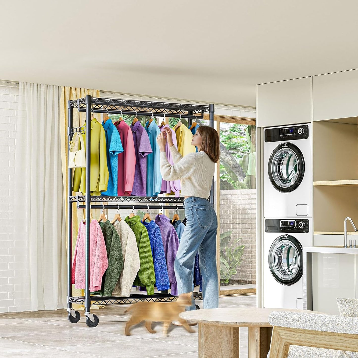 Heavy Duty Rolling Garment Rack 3 Tiers Adjustable Wire Shelving Clothes Rack with 2 Rods and Side Hooks,Storage Closet Clothing Rack with Wheels Black 15.7" D x 45.3" W x 79.6" H