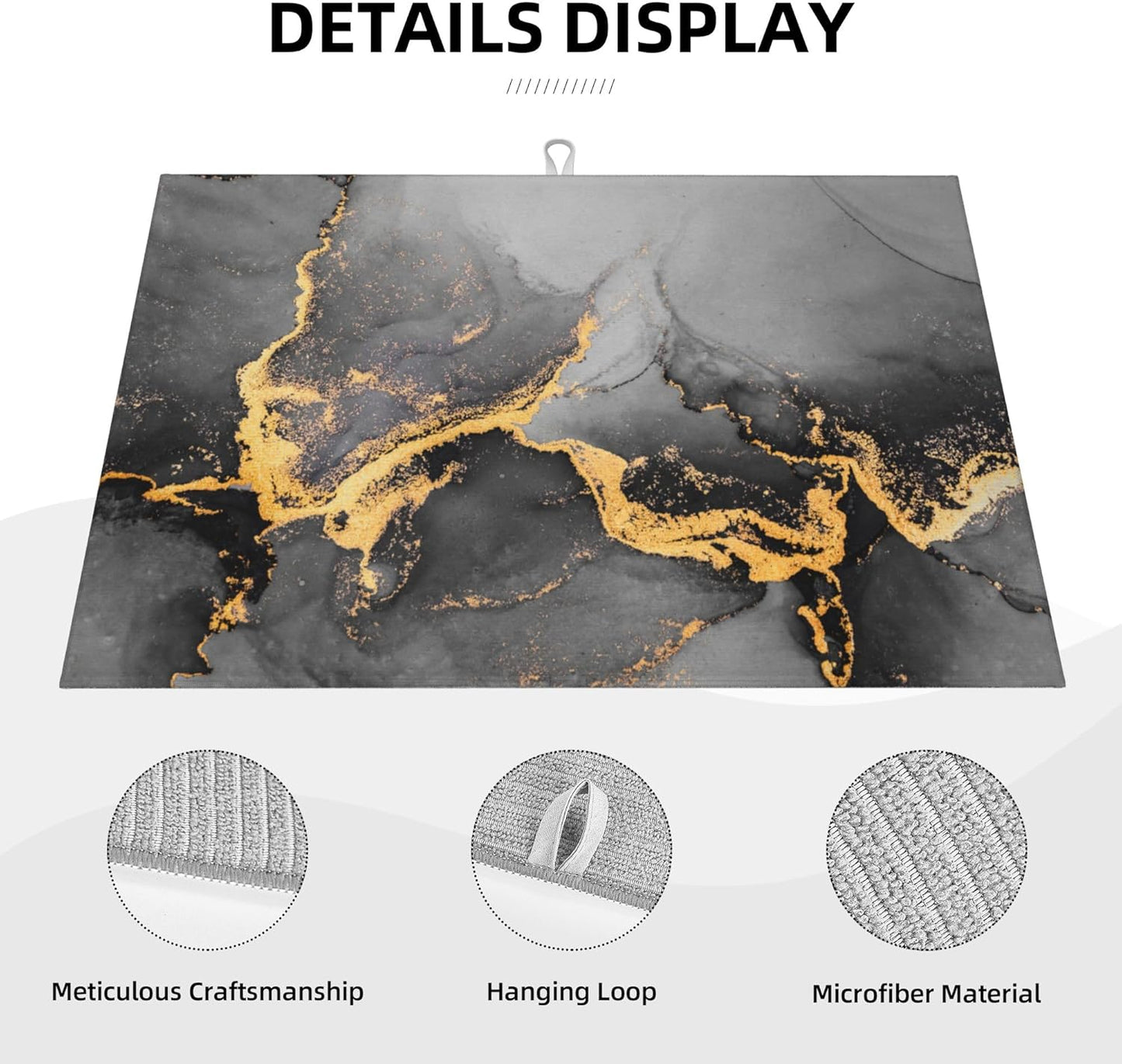 Black Gray Gold Marble Kitchen Drying Mat Abstract Modern Microfiber Dish Drainer Mat for Kitchen Counter Absorbent Reusable Washable 18x24 Inch