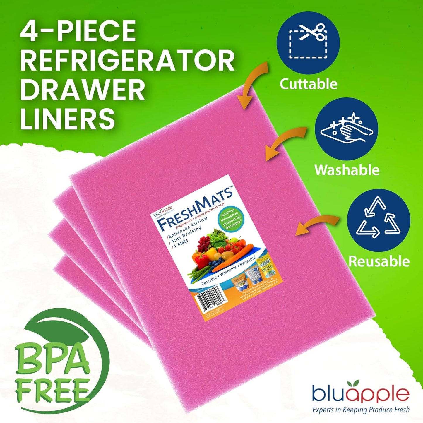 Bluapple FreshMats, Refrigerator Bin Liner, Fridge Drawer Mats, Crisper Life Extender Liner Keeps Produce Fresh Longer, Anti-Bruising, Helps Air Circulation, Washable & Reusable (4-Mats, 12x15, Pink)