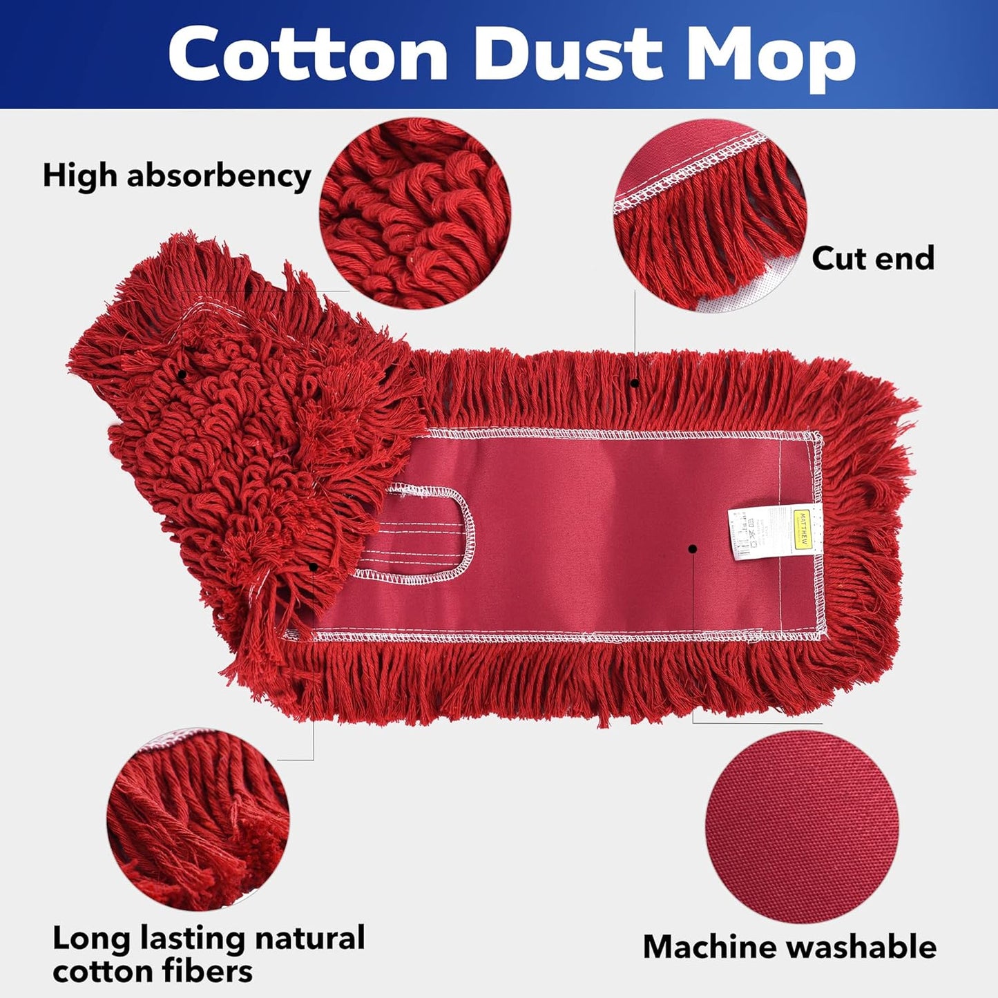 Matthew Cleaning 24'' Industrial Strength Cotton Dust Mop Refill Washable Replacement Heads for Residential & Commercial Use Fit Standard Dust Mop Frames, Hardwood,Concrete Floors Red 3 Pack