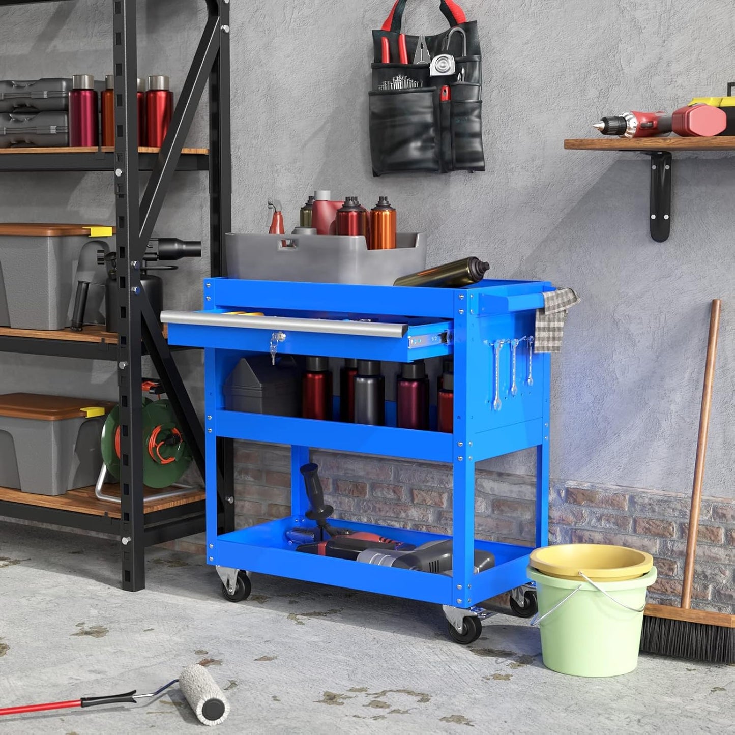 3 Tier Rolling Tool Cart Utility Cart on Wheels, Heavy Duty Tool Chest Storage Tool Box Cart, Industrial Mechanic Service Cart with Locked Drawers for Garage, Warehouse, Repair Shop, Workshop Blue