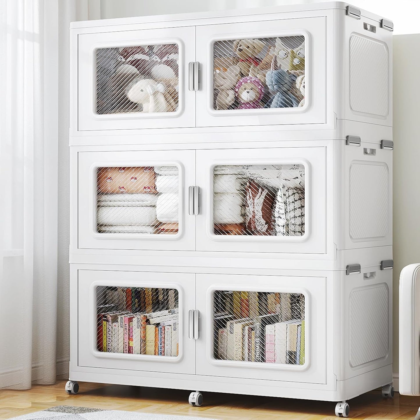 BROVIEW 900 Qt Stackable Storage Bin with Lid, 225Gal Extra Large Collapsible Storage Boxes, Folding Plastic Drawer, Heavy-Duty Store Cabinet, Closet Organizer for Home Kitchen, 3 Pack White