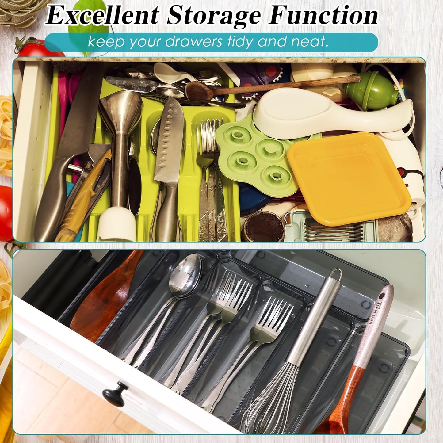 Maitys 12 Pcs Vanity Drawer Organizer 9 x 3 x 2 Inches Clear Plastic Utensil Organizers Kitchen Drawers Dividers for Office Desk Silverware Kitchen Utensils Cosmetics and Bathrooms(Black)