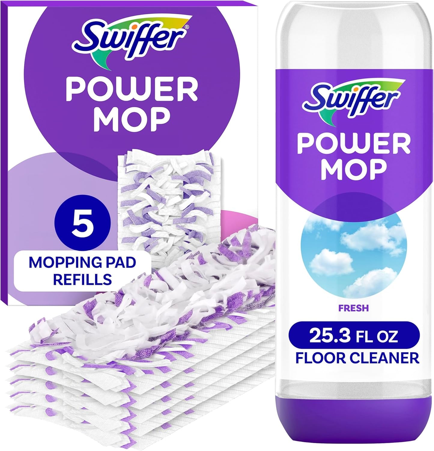 Swiffer Power Mop Refill Pack, Floor Cleaner for Mopping Tile, Vinyl, Laminate, Wood in Home, Bathroom, Kitchen, All Purpose Multi-Surface Cleaning, 5 Pads + 1 Lavender Solution