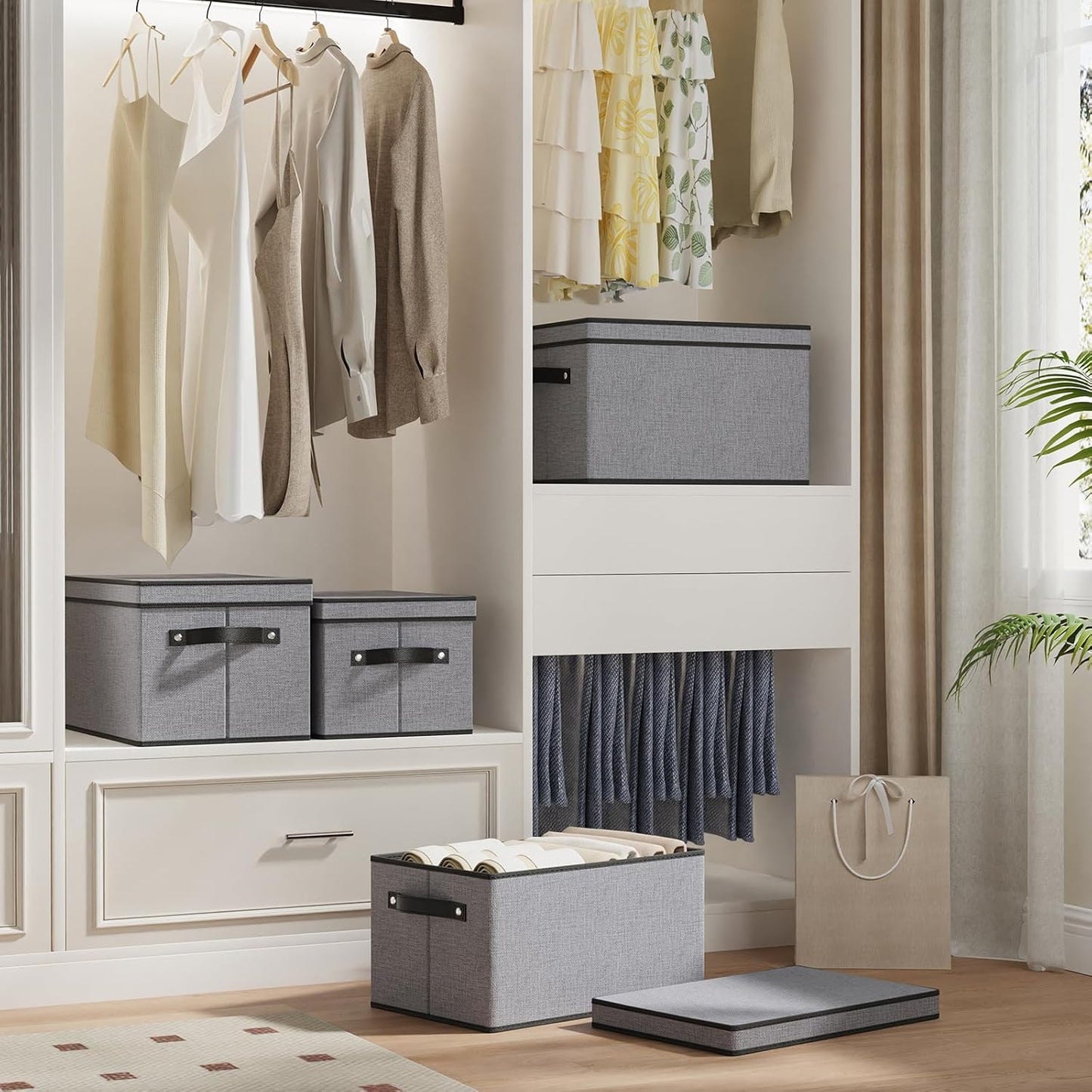 Storage Boxes, 15 x 9.8 x 8.3 Inch Baskets for Organizing with Lids, Fabric Bins with Handles, Decorative Linen Closet Organizers, Gray, 3 Pack