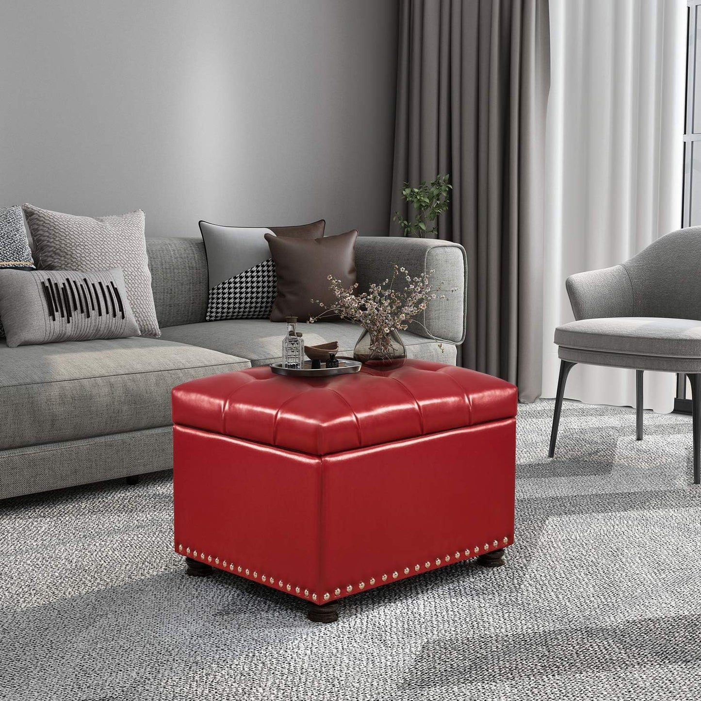 24'' Leather Storage Ottoman Rectangular Foot Rest Stool with Nailhead Trim for Bedroom Living Room(Red)