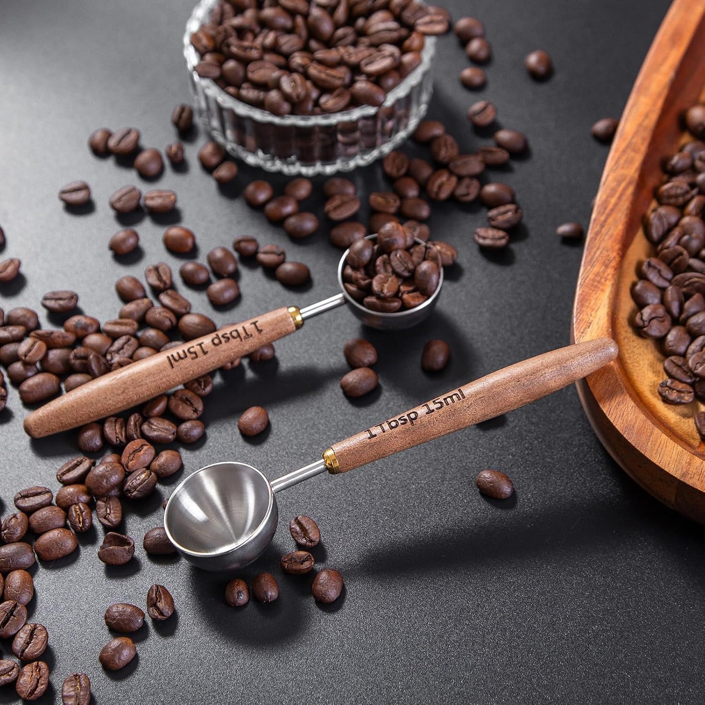 4PCS Wood Scoops for Jars Wooden Scoops for Canisters 1Tbsp Measuring Spoons for Coffee Bean Powder Coffee Scoop Measuring Scoop for Salt Sugar Multipurpose-Black Walnut+304 Stainless Steel