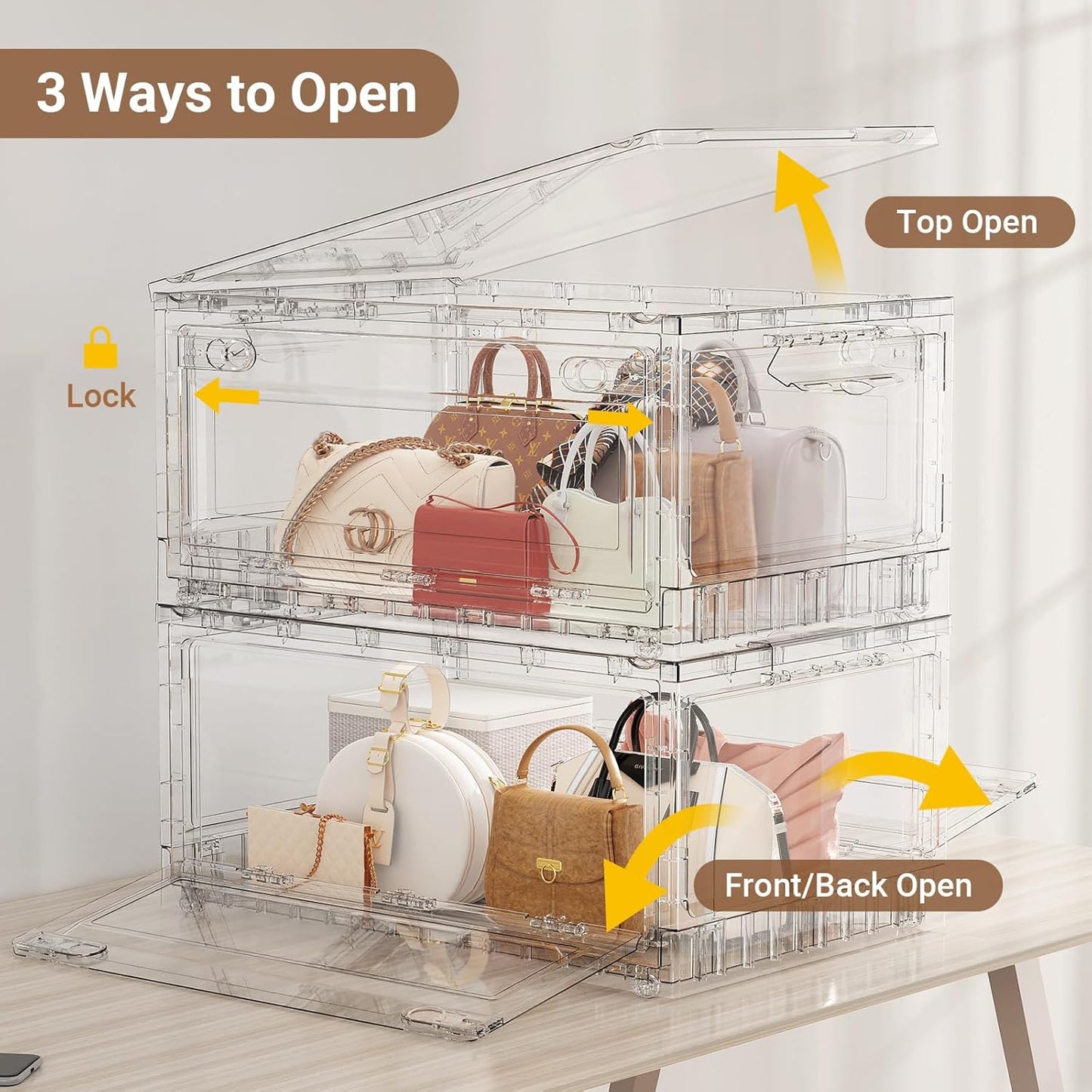 BROVIEW Clear Stackable Storage Bins Drawers, Open Front Large Plastic Storage Bins with Lids, Foldable Closet Organizers and Storage for Wardrobe Cabinets, Pantry, Makeup,2 Pack