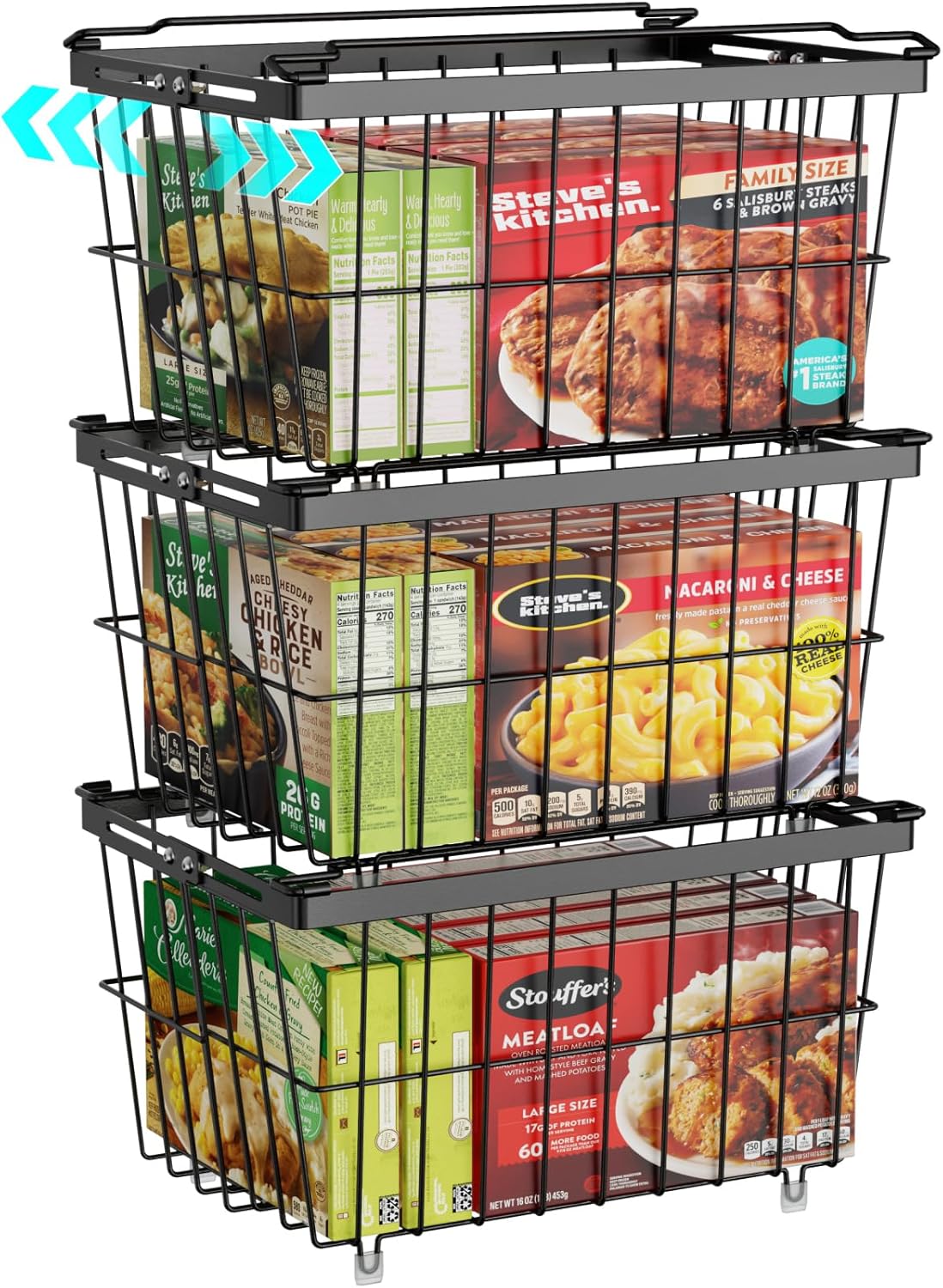 iSPECLE Freezer Organizer Bins - 3 Pack Adjustable Wider & Deeper Chest Freezer Organizer Bins for 5 to 9 Cu Ft, Extra Large & Easy Organize Basket Store More, Stackable No Wasted Space, Black