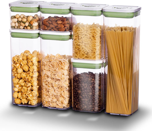linoroso Pop Airtight Food Storage Containers with Date Recording Lids, Stackable Plastic Storage Containers Set of 7, Dry Cereal Container Set for Pantry Countertop Fridge Organization