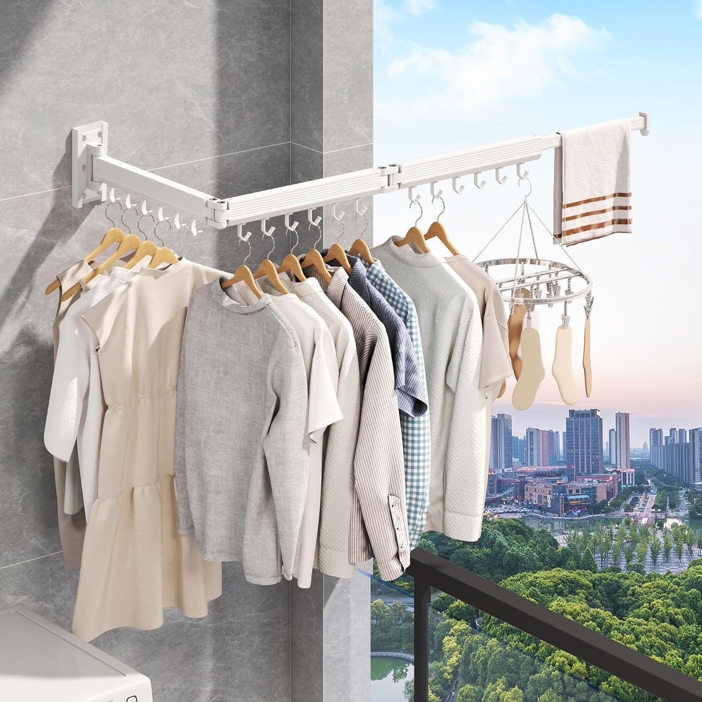 J-type Hooks Wall Mounted Clothes Rack, Collapsible, White Color