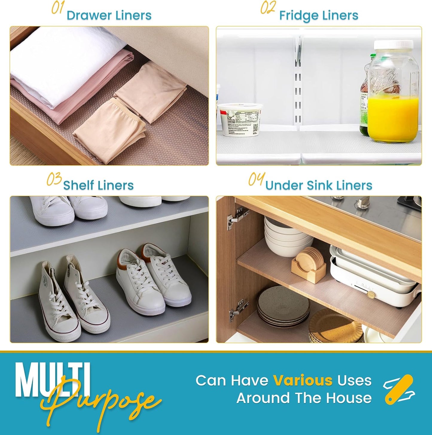 Refrigerator Liners for Shelves (8 Pack) by Linda’s Essentials - Non-Adhesive Shelf or Drawer Liner, BPA-Free Fridge Mats for Kitchen & Cabinets, Easy to Clean, Ideal Household Essentials (Blue)