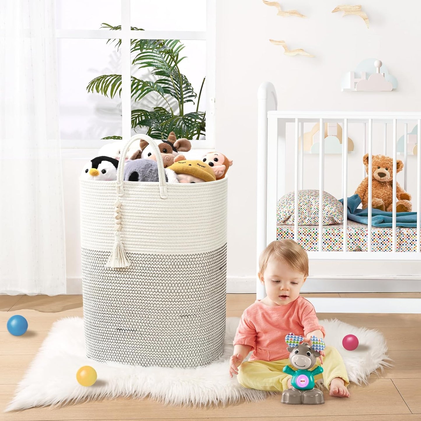 Woven Laundry Basket for Clothes, 100 L Large Rectangle Laundry Hampers with Beads Tassel, Nursery Storage Basket for Toys, Tall Dirty Clothes Hamper for Bedroom Aesthetic, Laundry Room Organization