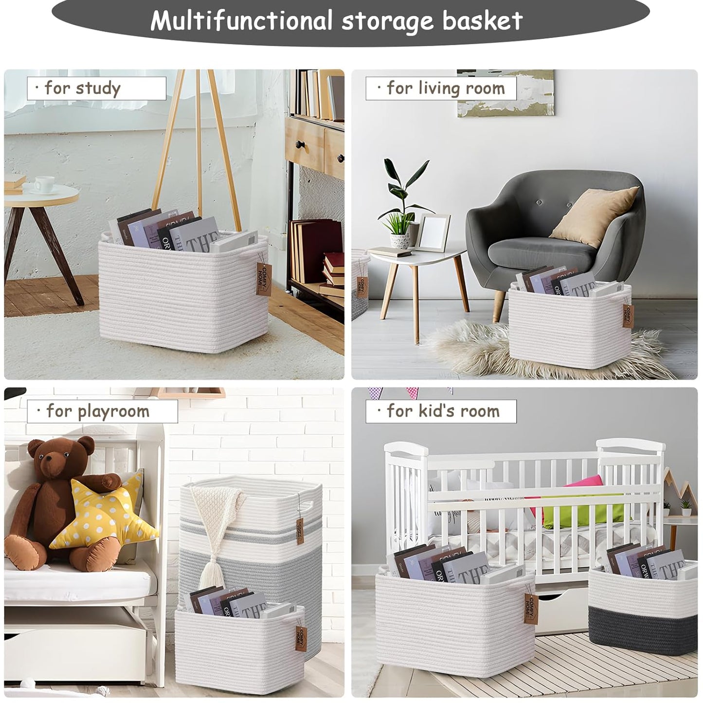 COMFY-HOMI 3PACK Cotton Rope Square Basket with Handles for Shelves|Dog Toy Basket Bin and Storage|Baby Basket for Gif|Shoe basket for Organizing|New13.5" x 11" x 9.5" for Living Room（All White）