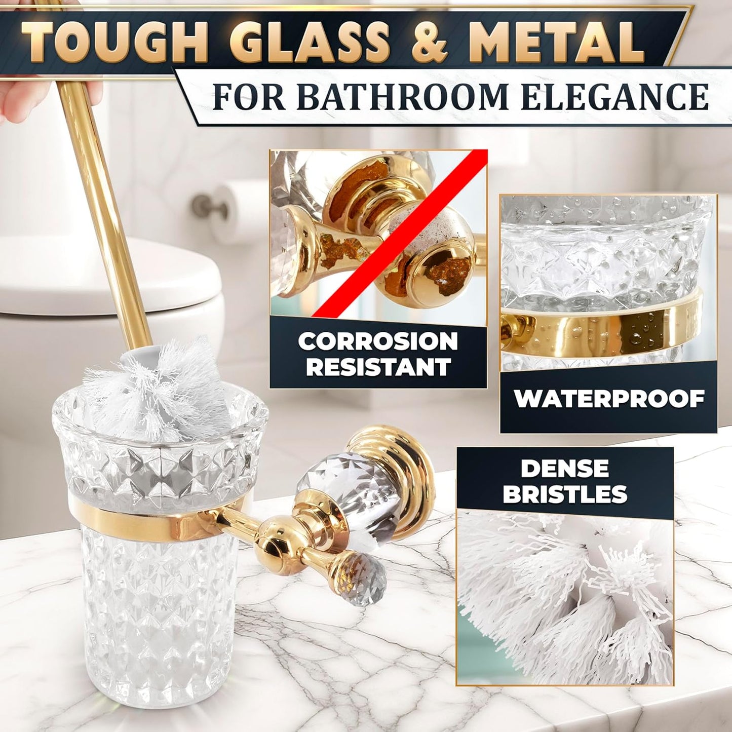 Gold Stainless Steel Toilet Brush with Crystal Toilet Brush Holder Set – Wall Mounted Holder, Replaceable Head, Decorative Space-Saving Design Bathroom Toilet Accessory Elegant Toilet Bowl Cleaner Set
