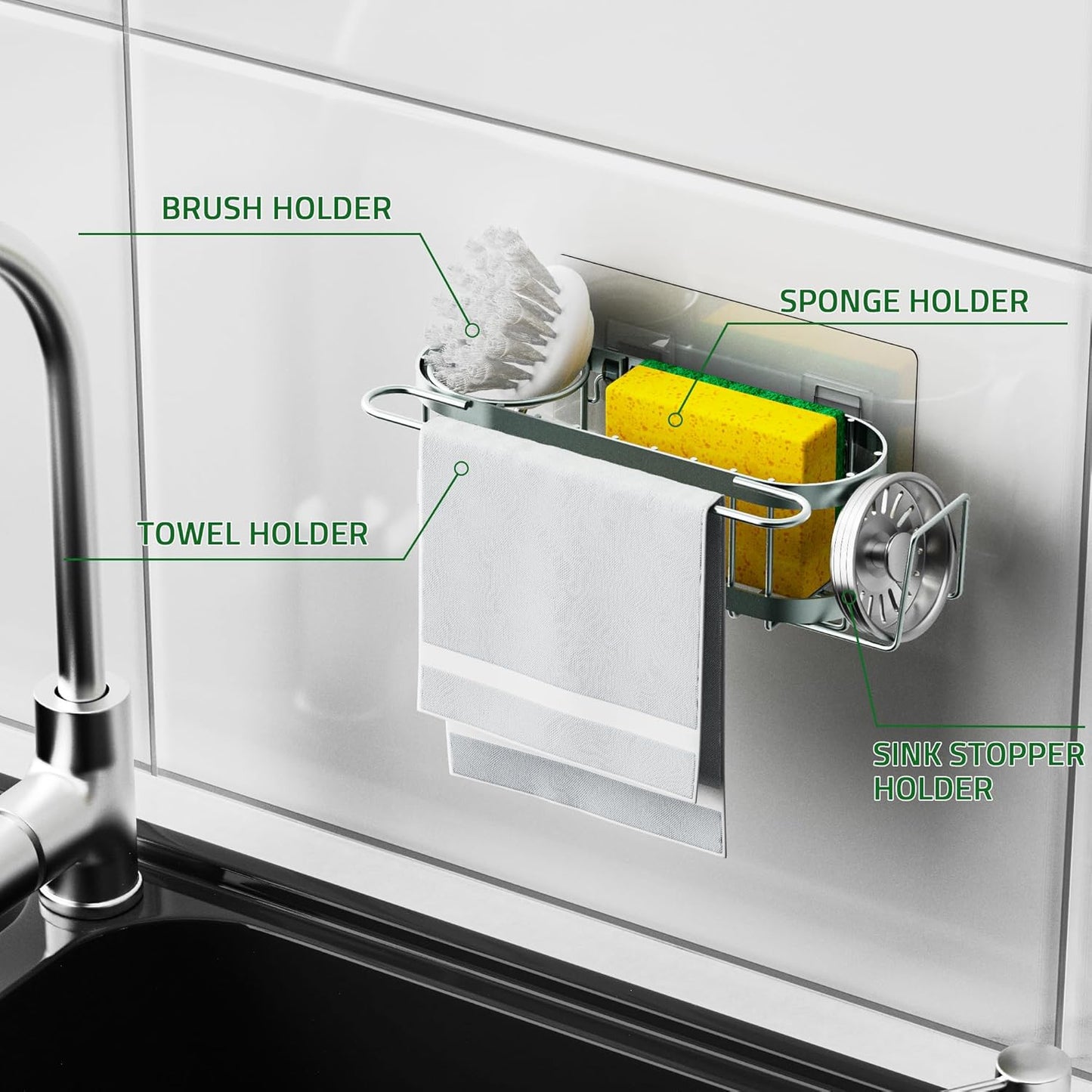 Cisily Sage Green Kitchen Sink Caddy Sponge Holder in the Sink, Stainless Steel Kitchen Organizer, Brush Holder, Dish Cloth Hanger 2 Installation Ways (Suction & Adhesives