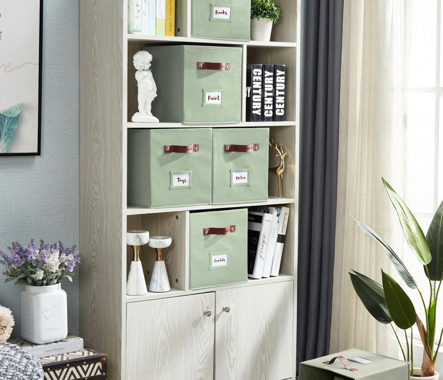 DECOMOMO Storage Bins, Cube Storage Bin with Labels, Fabric Storage Cubes for Shelves (10.5" x 11" / 6pcs, Sage Green)