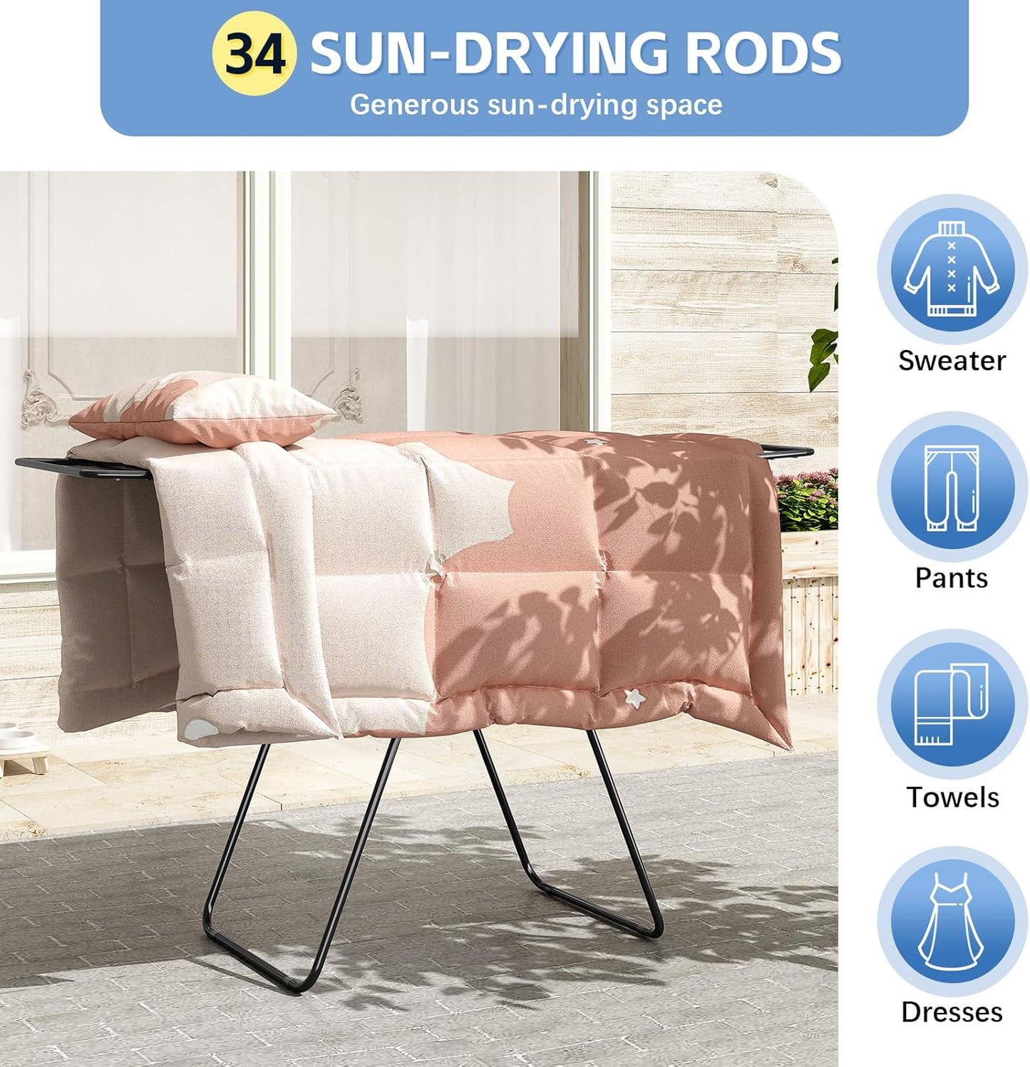 KINGBOARD Clothes Drying Rack Foldable, Drying Rack Clothing with Height-Adjustable, Metal Laundry Rack, Indoor Outdoor Use, No Assembly, 20.47"x 70"x 42.52", Black