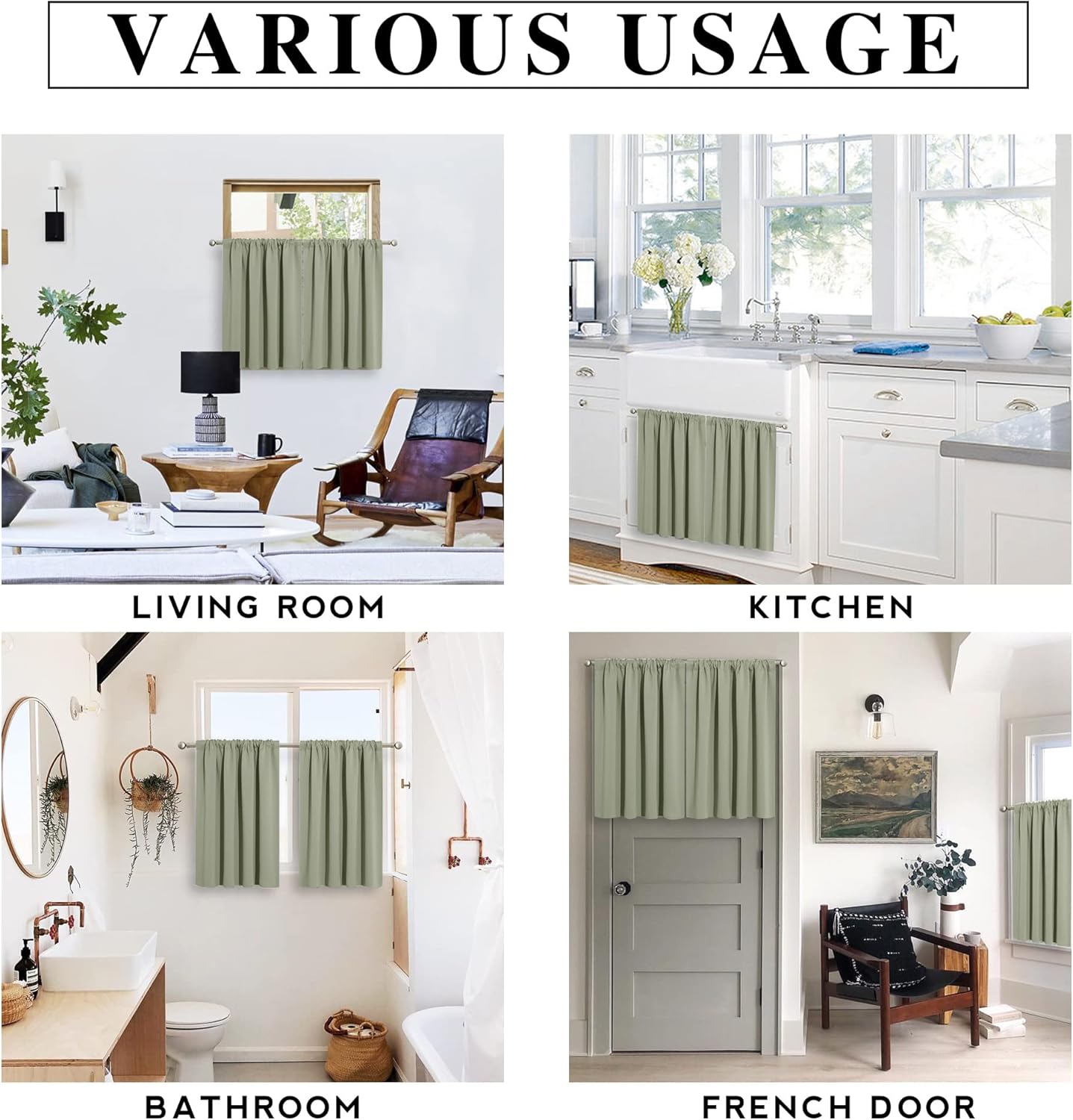 RYB HOME Blackout Curtains for Kitchen, Over Sink Privacy Curtains Window Decor, Thermal Insulating Drapes for Bathroom Cafe Bedroom Small Window, W 42 x L 24 inch, Sage Green, 2 Panels