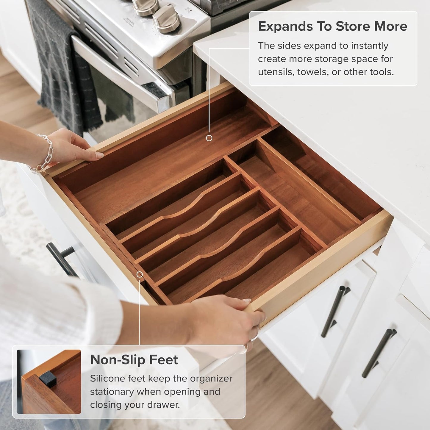 KitchenEdge Premium Silverware, Flatware and Utensil Organizer for Kitchen Drawers, Food-Safe Contract Grade, Expandable from 10.5 to 19 In, Natural Acacia