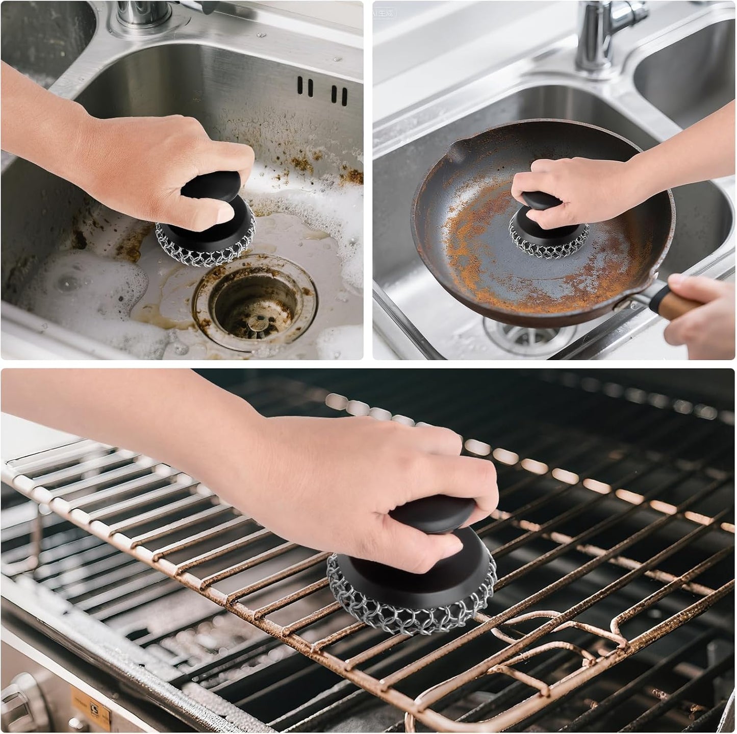 Cast Iron Scrubber Cleaner, Chainmail Scrubber for Cast Iron Pan Skillet, Dish Scouring Pad, Stainless Steel Brush/Scraper for Metal Skillet Scrubbing, Wok, Dutch Oven Cleaning Kit - Thick Mesh