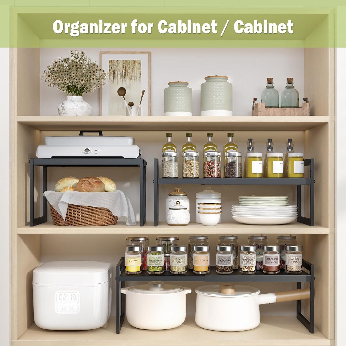 DOLALIKE Expandable kitchen Countertop Organizer, Stackable Cabinet Shelf Organizers, Space Saving Spice Rack Pantry Storage for Bathroom Office Organization (Black, 2 Pack)