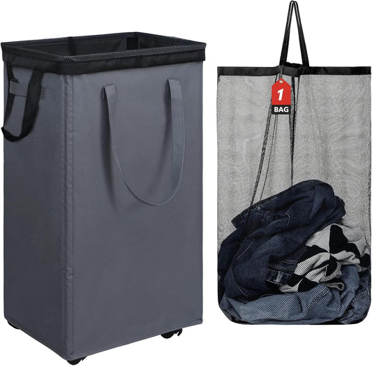 DOKEHOM 90L X-Large Laundry Basket with Removable Wash Bag on Wheels, Collapsible Rolling Laundry Hamper, Foldable Clothes Organizer, Folding Washing Bin (Grey)