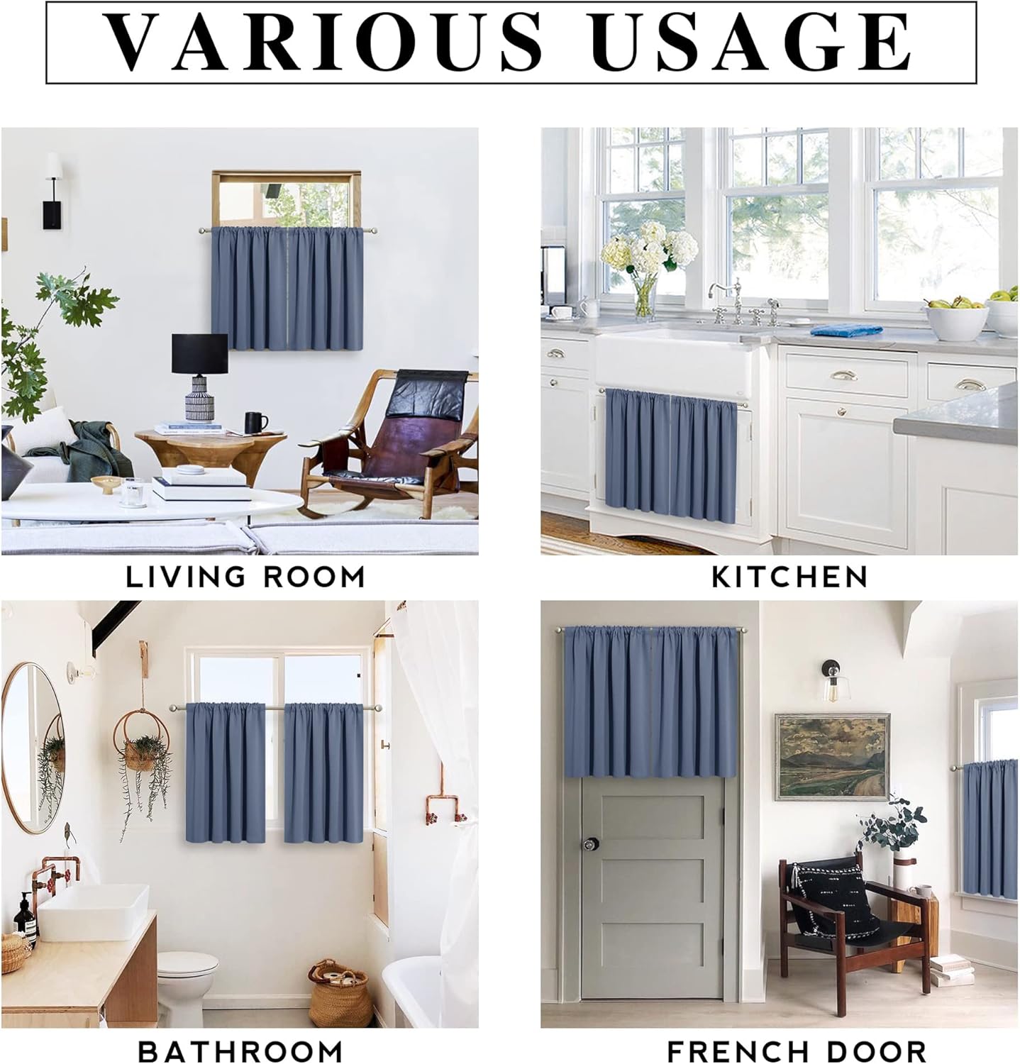 RYB HOME Blackout Curtains for Kitchen, Over Sink Privacy Curtains Window Decor, Thermal Insulating Drapes for Bathroom Cafe Bedroom Small Window, W 42 x L 24 inch, Stone Blue, 2 Panels